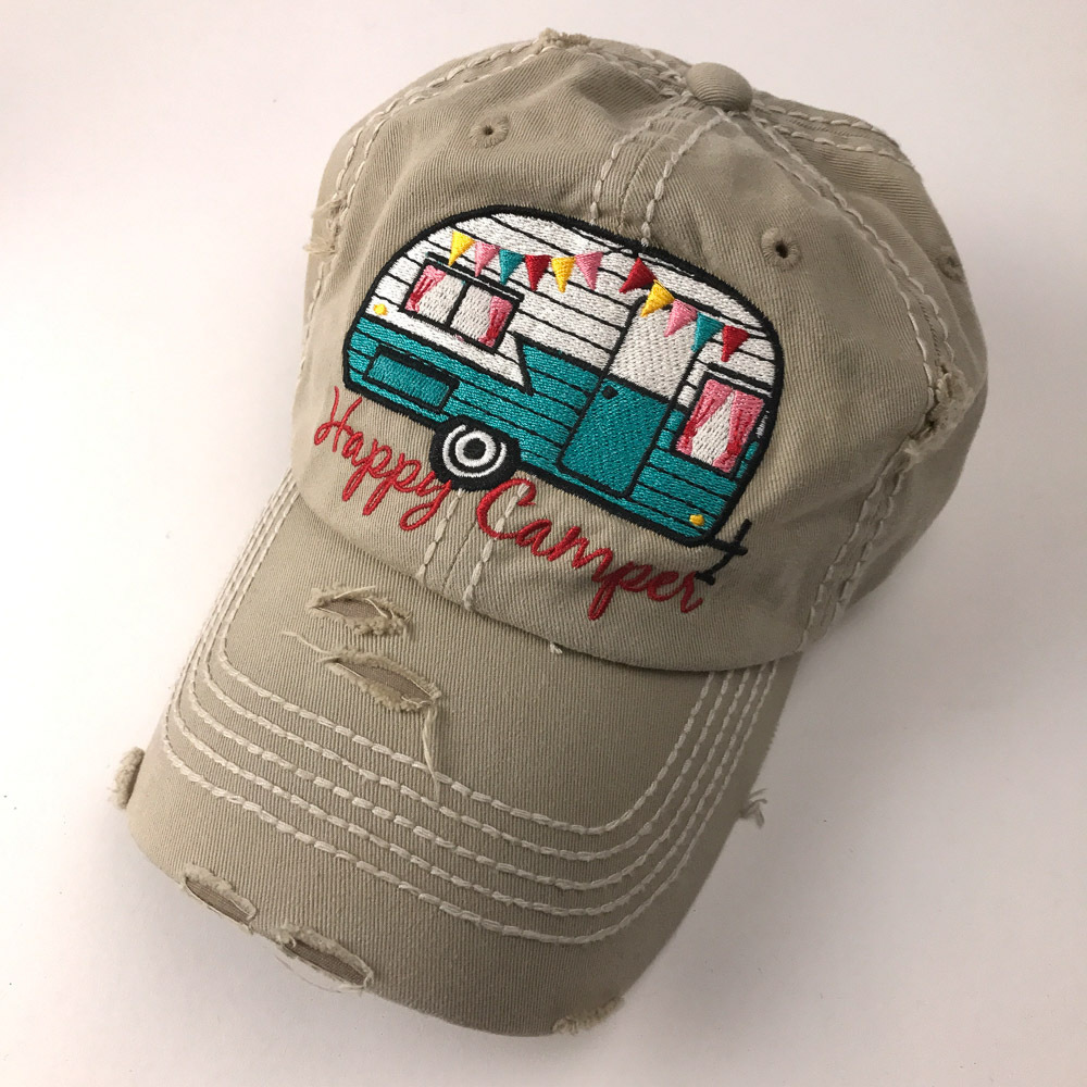 Happy Camper factory distress hat beige retro tow behind rv
